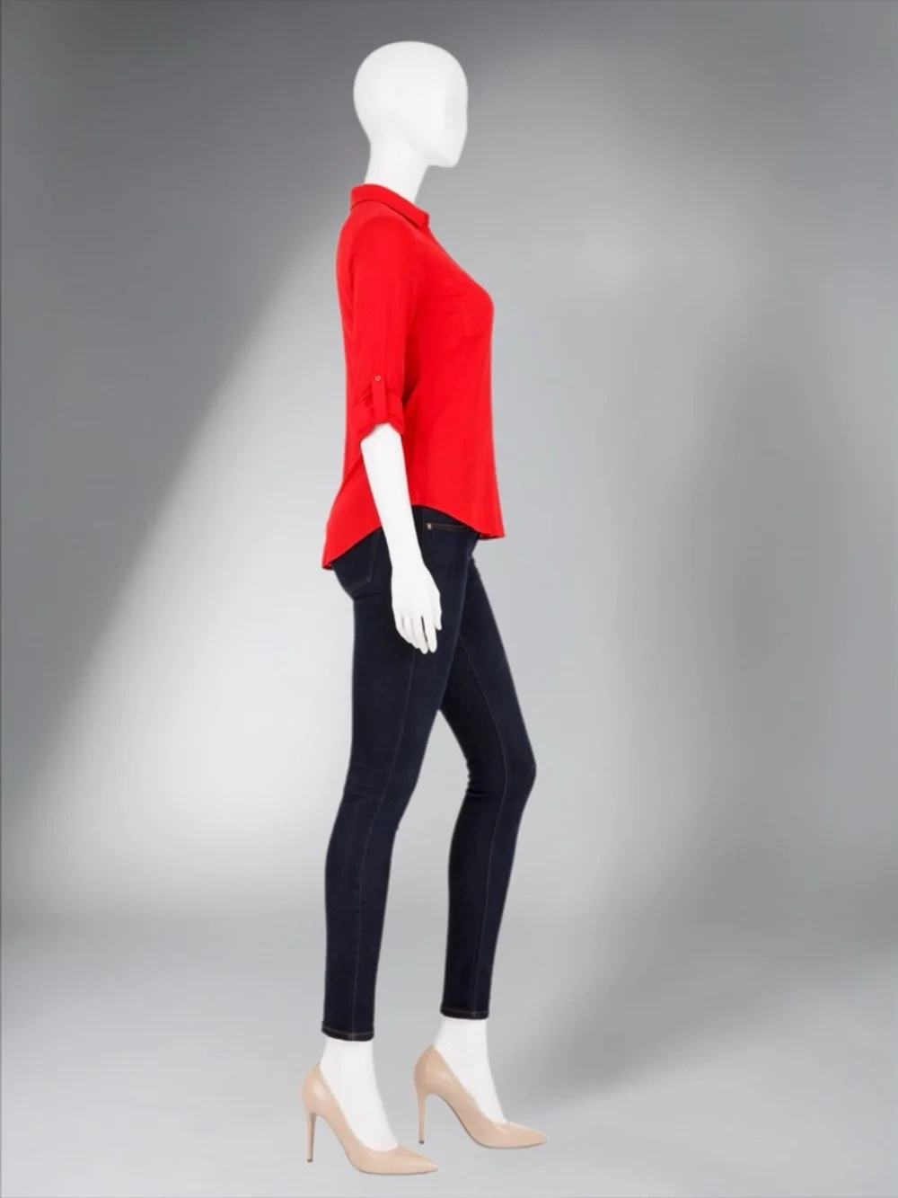 Red Button-Front V-Neck Women's Blouse